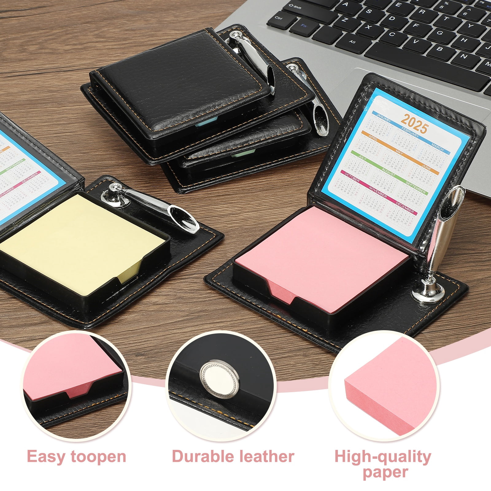 3pcs Leather Sticky Notes Holder with Pen Holder, Post Notes Holder Storage Box Desktop Mini Case Business Card Holder Memo Pad Organizer for Desk Home Office Gift,Pink