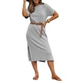 thumbnail image 1 of Ovzne Robes pour Femmes Robe d'Été Dames Femmes Décontractée Col Rond Longue Robe Manches Courtes Fente Latérale Texturée Robe de Plage Robe de Printemps Manches Courtes Longues Robes en Solde, 1 of 6