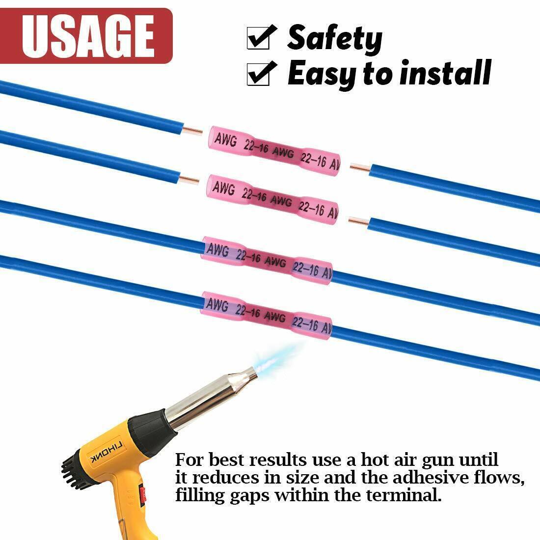 1000PCS Red AWG Heat Shrink Butt Wire Connectors Crimp Terminals 16-22 Gauge US