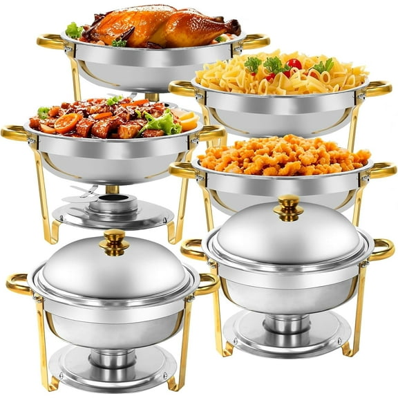 PRIJESSE Chafing Dishes for Buffet 6 Pack, 6QT Round Chafing Dishes for Buffet Stainless Steel Chafing Dish Buffet Set for WeddingGold