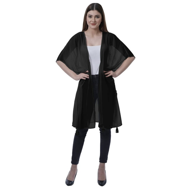 Moomaya Womens Georgette Shrug Open Front Long Sheer Coverup w/ Tassels