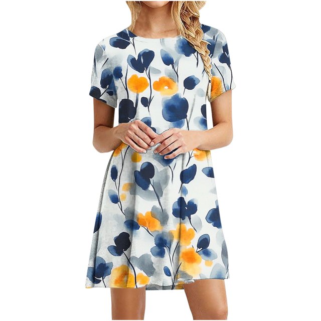 Vestido de Manga Corta para las Mujeres Casual Impreso Cuello Redondo, Vestido de las Señoras para la Primavera Y el Verano de Uso Diario