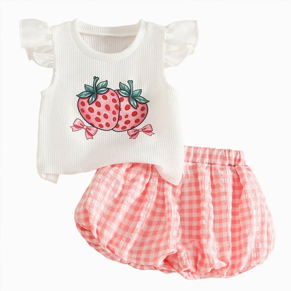 KPOPLK Toddler Girls Clothes Summer Outfits Ruffle Sleeve Waffle Knit Tops Cute Strawberry Print Elastic Waist Shorts with Pockets 1t 2t 3t 4t 5t(18-24 Months,White)