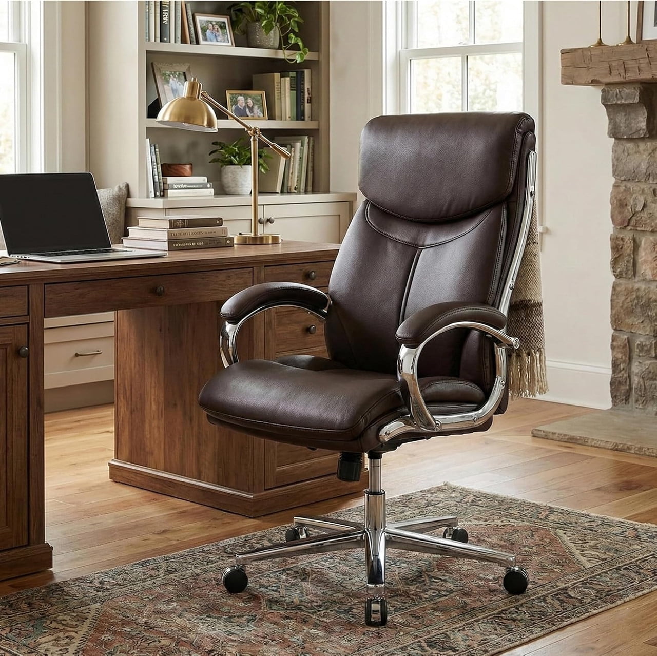 COLAMY High Back Executive Office Chair, PU Leather Computer Desk Chair with Extra Thick Padded Seat Cushion, Quiet Rubber Rolling Casters and Adjustable Tilt Tension for Home Workspace,Brown