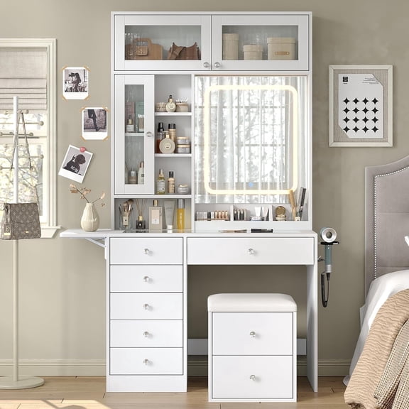 Jamair Desk with Mirror and Lights, Makeup Jamair with Drawers and Storage Stool, Makeup Desk with Glass Top and Power Outlet for Bedroom