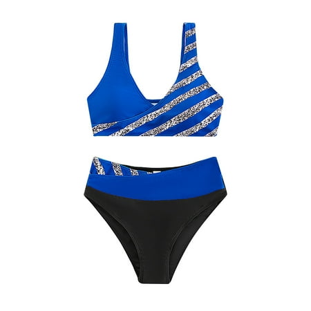 Sngxgn Women High Waisted Bikini Set Swimsuit Scoop Neck Cheeky Bathing Suit(Blue L)