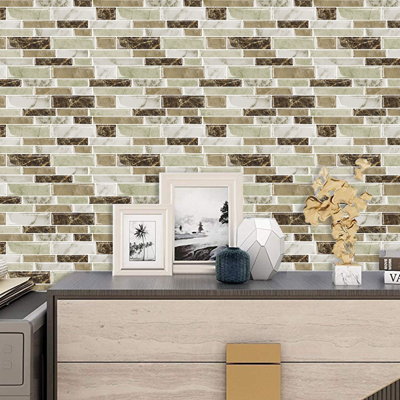 DEWOO 10-Sheet Peel and Stick Kitchen Backsplash Tiles, 12"x12" Self-Adhesive Marble Multicolor Wall Tiles for Kitchen and Bathroom(Brown Marble)