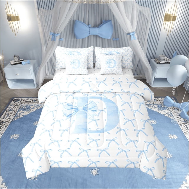Erosebridal Ensemble de Literie Initiale Format Double pour Filles, Ensemble de Lit à Nœud Monogrammé, Décoration Kawaii, Réversible, Respirant, 7 Pcs