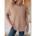 thumbnail image 3 of Camiseta Informal de Verano para Mujer, de Corta, con Hombros Descubiertos y Tejido Gofre, Color Caqui, Talla L, 3 of 5