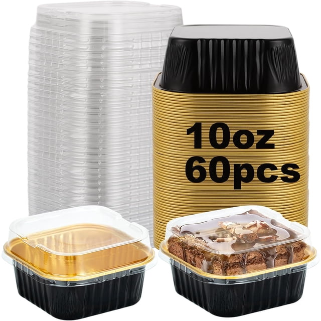 60PCS Large Disposable Ramekins with Lids, 10oz Aluminum Foil Baking Cups with Lids, Individual Cake Pans Square Cupcake Baking Tins Reusable Dessert Cake Containers Loaf Pans for Cheesecake Muffin