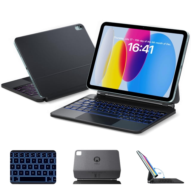 HOU Magnetic Keyboard Case for iPad 11 (A16)/10, 135° Wider Adjustable Tilt, Smooth AG-Glass Touchpad, 12 Shortcut Key Combinations, 7-Color Back