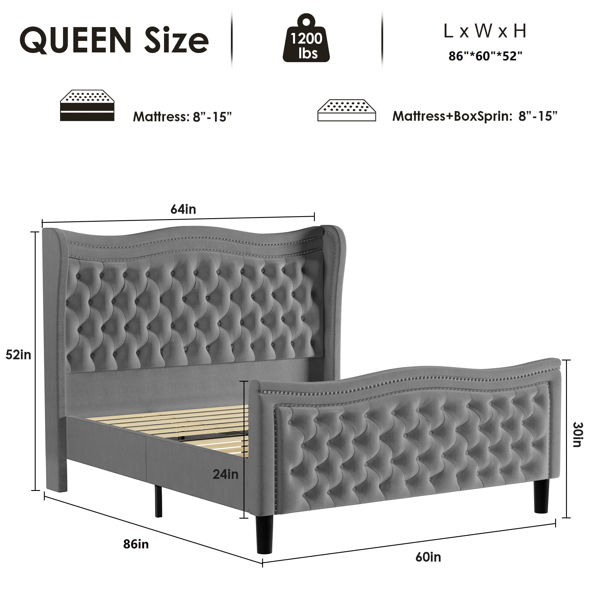 Miniyam Velvet Queen Size Bed with Button-Tufted Wingback Headboard for Adult, Gray
