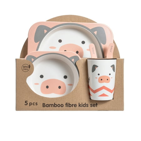 

5pcs Children’s Tableware Cartoon Bamboo Fiber Dinnerware Set Dishware Set Includes Plate Bowl Cup Spoon Fork for Home Kid