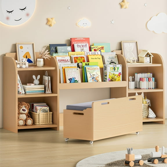 Kids Bookshelf with Reading Nook, 64.5" Toy Storage Organizer with Movable Bench with 3 Storage, 3-Tier Bookshelf, 6 Storage Cubbies for Bedroom, Playroom