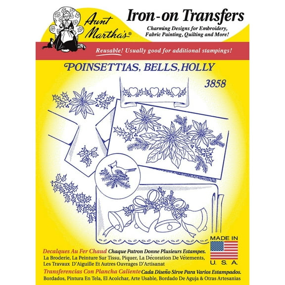 Aunt Martha's Poinsettias, Bells, Holly 3858 iron on embroidery pattern