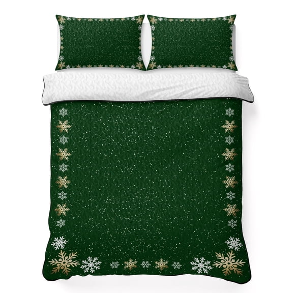 Quilts Twin XL Size Bedding Set, Green Snowflake Christmas Lightweight Quilted Comforter, Xmas Snowflake Soft Reversible Bedspread Coverlet with Pillow Covers for All Season, 68" x 98"