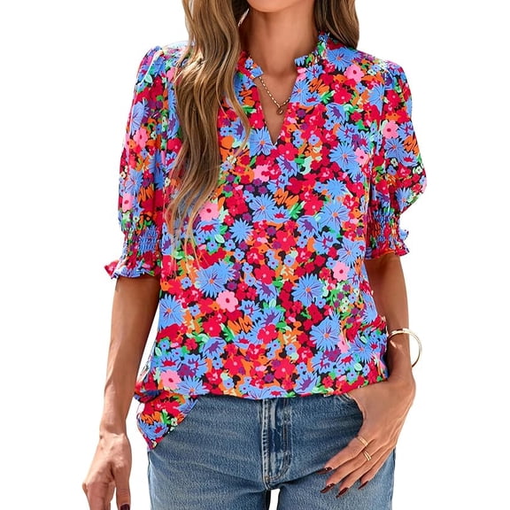 FreshPretty Summer Blouses for Women Dressy Casual Fashion Spring Tops Floral Boho V Neck Puff Short Sleeve Top Shirts