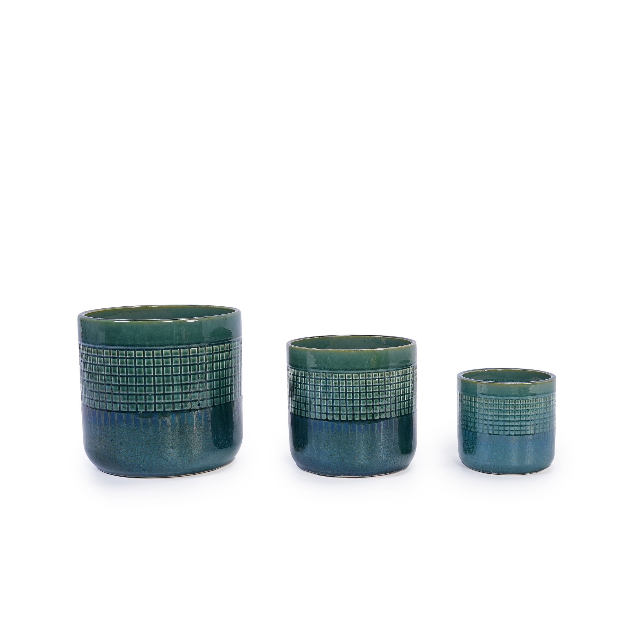 Noble House Helen Grid Ceramic Planter Set, Glossy Modern Indoor Outdoor Pots with Drainage, Set of 3, Blue + Green