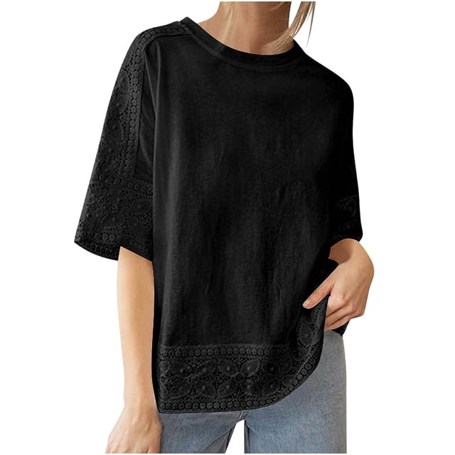 fheaev Chemise en Coton et Lin Hauts d'Été pour Femmes 2025 Vacances Sortie Hauts Dentelle Ajourée Patchwork Manches Courtes Hauts Décontractés Col Rond Tunique en Coton et Lin