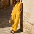 thumbnail image 4 of Hvogkswy Linen Jumpsuits for Women Solid Lapel Snap Front Sleeveless Jumpsuit with Pockets Comfy Loose Breathable Summer Vacation Casual Wide Leg Romper, 4 of 7