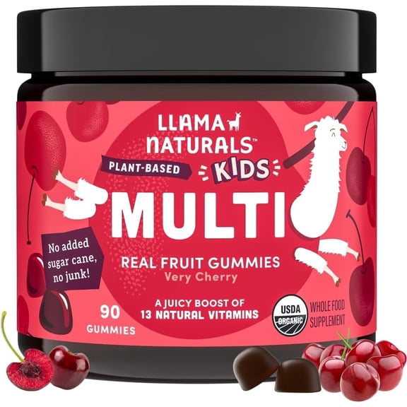 Llama Naturals Kids Multivitamin Gummies, Vegan, Organic with Vitamin D, C & K, Toddler Real Fruit Gummy Vitamins, Chewable Supplement, Whole Food Multivitamin, No Added Sugar Cane, Cherry, 90 Ct