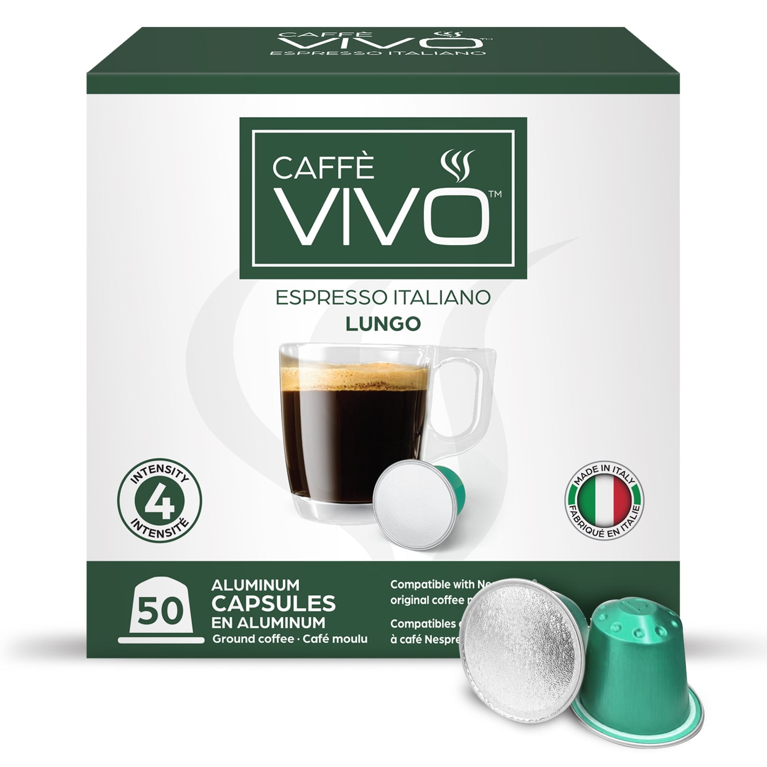Caffè VIVO Espresso Italiano Lungo (Paquet de 50 Capsules Compatibles Nepresso) Intensité: 4 | Compatible Nespresso
