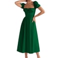 thumbnail image 1 of ZAXARRA Robe Longue d'Été pour Femmes Couleur Unie Manches Courtes Col Carré Froncée Robe de Soirée, 1 of 6