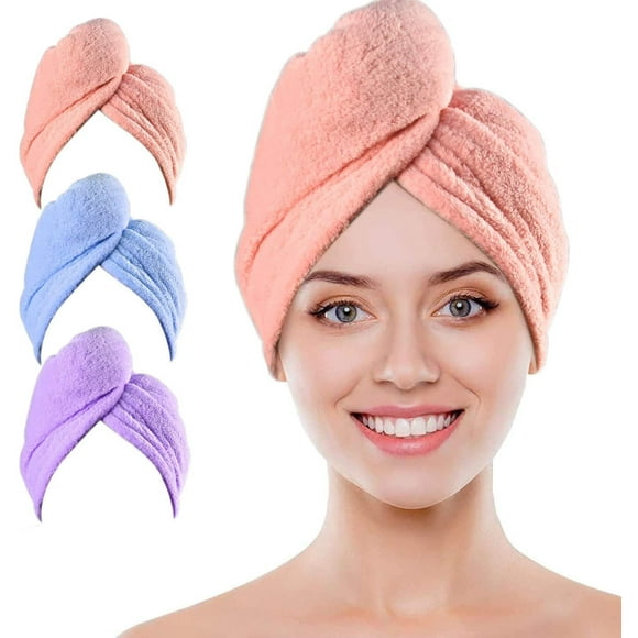 3 Stück Haarturban, Turban Handtuch mit Knopf, Schnelltrocknend Haar Handtuch, Mikrofaser Haarturban Kopfhandtuch für Alle Haartypen (Pink, Blau, Lila)