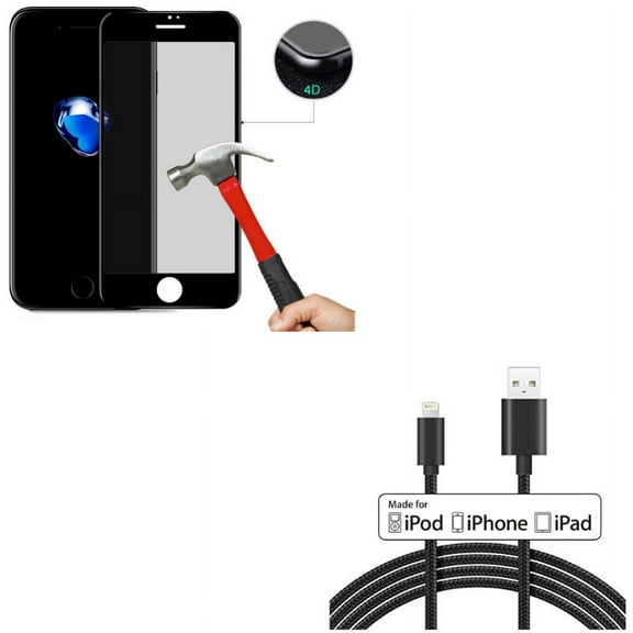 iPhone 8/7/6S/6 - Tempered Glass Privacy Screen Protector w 6ft MFi USB Cable - Curved Anti-Spy Anti-Peep 4D Edge Case Friendly, Certified Charger Cord Power Wire Braided for iPhone 8/7/6S/6