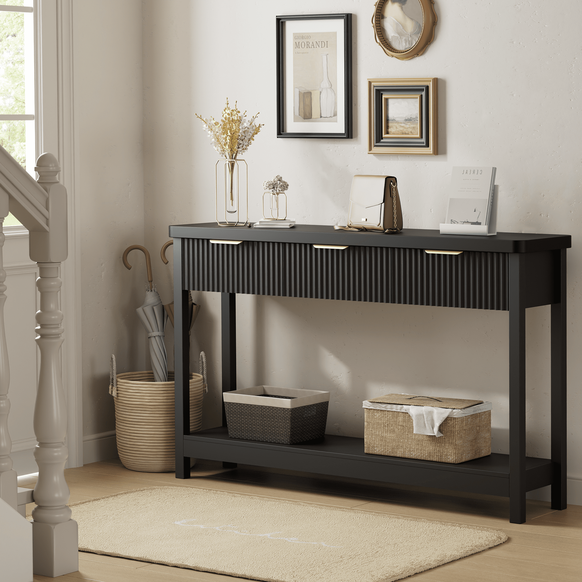 Aufeile 51" Console Table, Fluted Entryway Table with 3 Storage Drawers and Open Shelf, Narrow Sofa Table for Living Room, Hallway, Behind Couch, Black