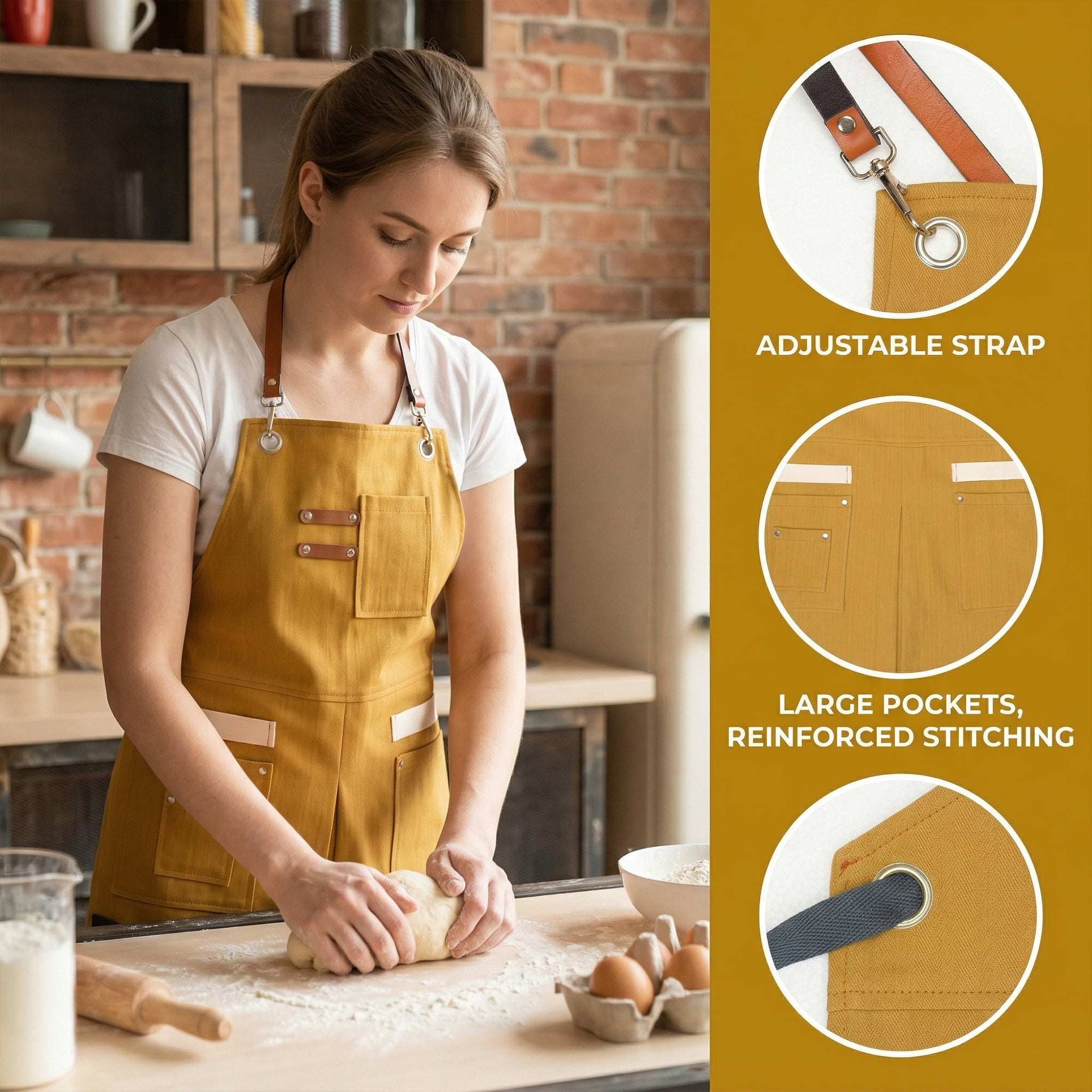 Unique Bargains Adjustable Long Waist Cooking Apron with Pockets for Kitchen Yellow