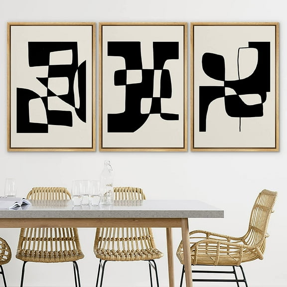 PixonSign Framed Canvas Print Wall Art Set Duotone Mid-Century Geometric Figure Collage Abstract Shapes Illustrations Modern Art Boho Decorative for Living Room, Bedroom, Office - 24"x36"x3 NATURAL