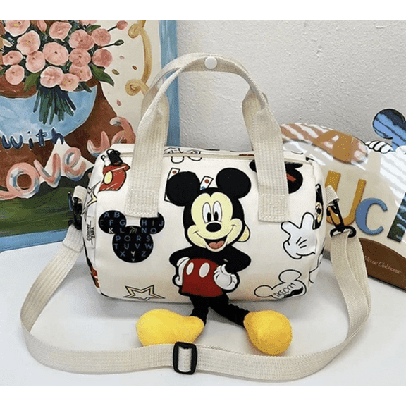 Mini Duffel Bag with Adjustable Shoulder Strap, Character Print Top Handle Bag, Beige