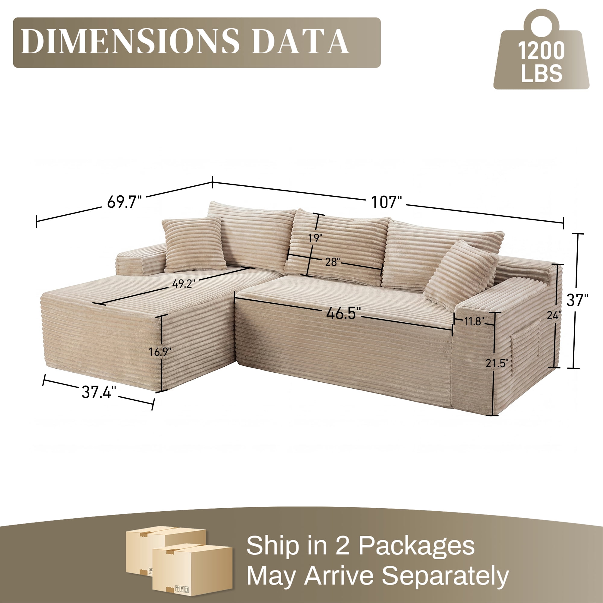 Aukfa 107" Cloud Modular Sectional Couch with Left-Facing Chaise, Corduroy Deep Seat Boneless Sofa for Living Room, Apartment, Camel