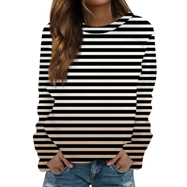Birdeem Hauts pour Femmes Manches Longues Mode Décontractée Dégradé Rayé Imprimé Chandail en Molleton Manches Longues Col Rond Hauts pour Femmes