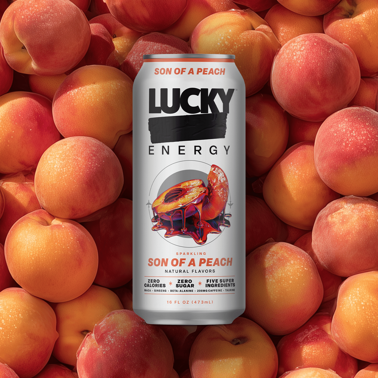 Lucky Energy Sugar Free Energy Drinks, Son of a Peach, 16oz Cans (12-Pack) Healthy, Zero Sugar Energy Drink with Maca, Ginseng, Beta-Alanine, Taurine & 200mg Caffeine