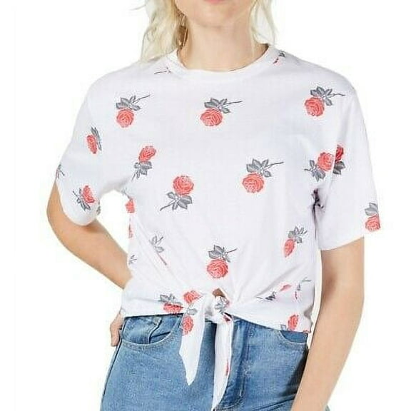 Mighty Fine Women's Crew Neck Tie Front Floral Top, White XS - NEW