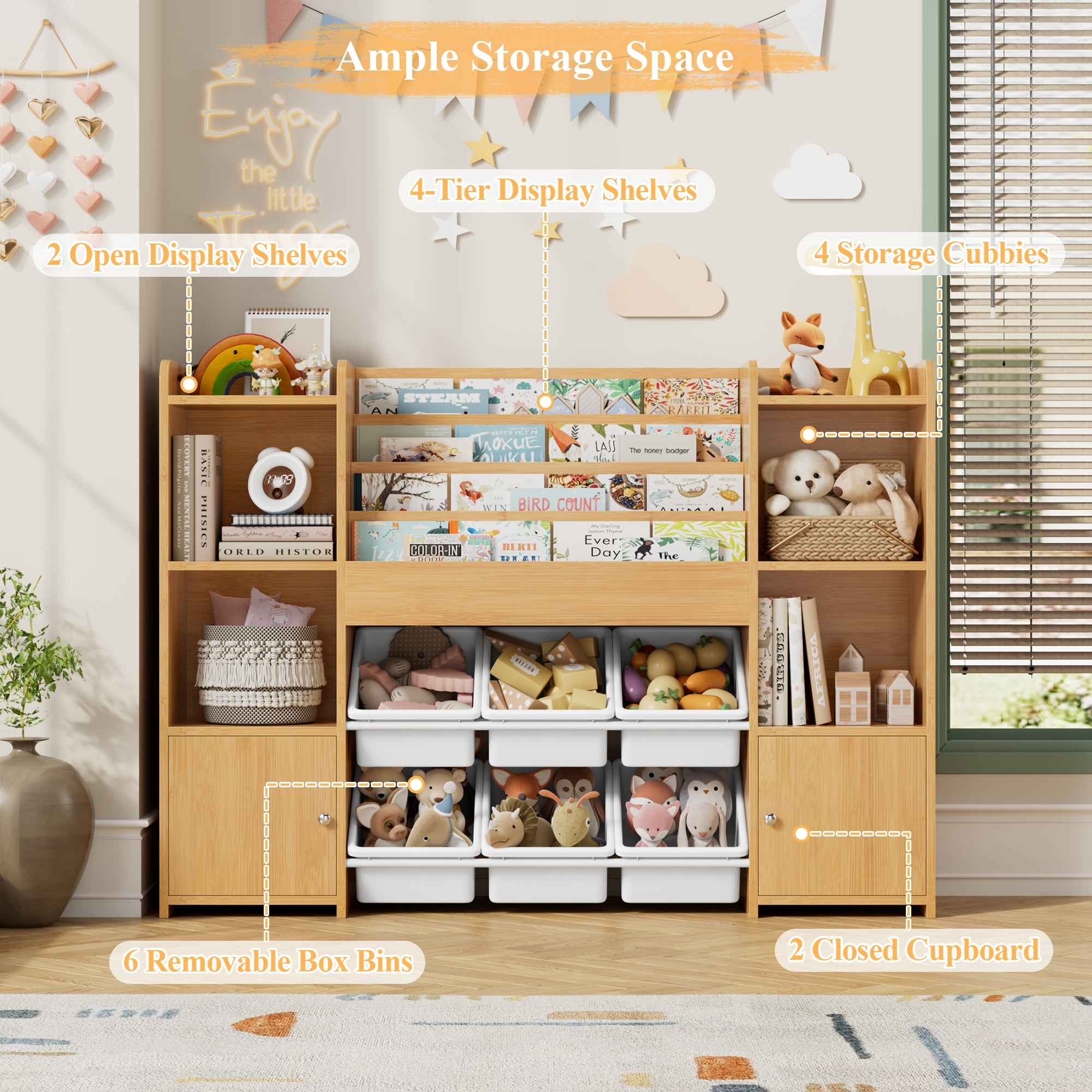 Hiphuta Kids Bookcase Toy Storage Organizer, Wooden Toy Chest for Kids with 6 Removable Toy Boxes, Kids Storage Bookshelf for Bedroom Playroom, Natural