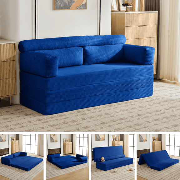 5-in-1 Convertible Sofa Bed, 78" Boneless Couch Tri Folding Mattress,Corduroy Futon Couch Sleeper