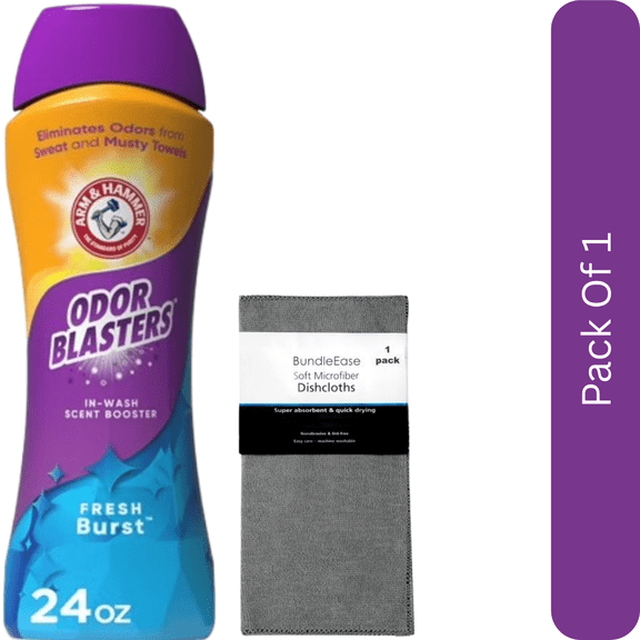 ARM & HAMMER Odor Blasters In-Wash Laundry Scent Booster, Fresh Burst, 24 oz with Microfiber Solid Color Towel by BundleEase