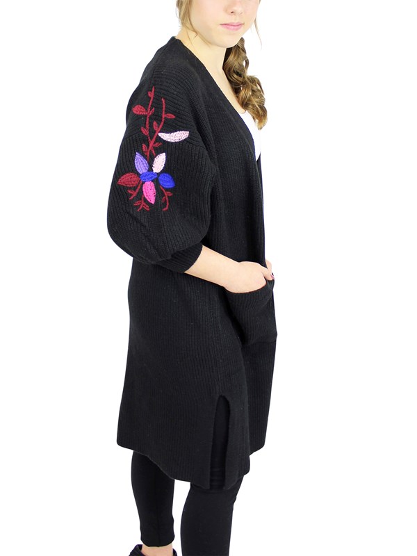 A \u0026 O International Knitted Long Cardigan Sweater Embroidered Flowers, Women's, Black
