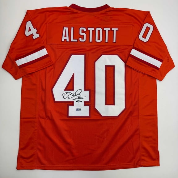 Autographed/Signed Mike Alstott Tampa Bay Orange Creamsicle Football Jersey Beckett BAS COA