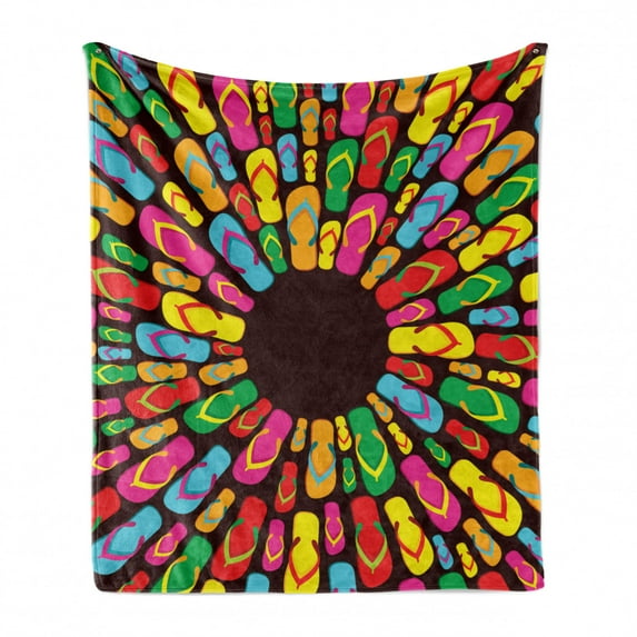 Flip Flop Soft Flannel Fleece Blanket, Colorful Funky Beach Slippers Aligned Circular Shape and Forming Mandala Pattern, Cozy Plush for Indoor and Outdoor Use, 50" x 70", Multicolor, by Ambesonne