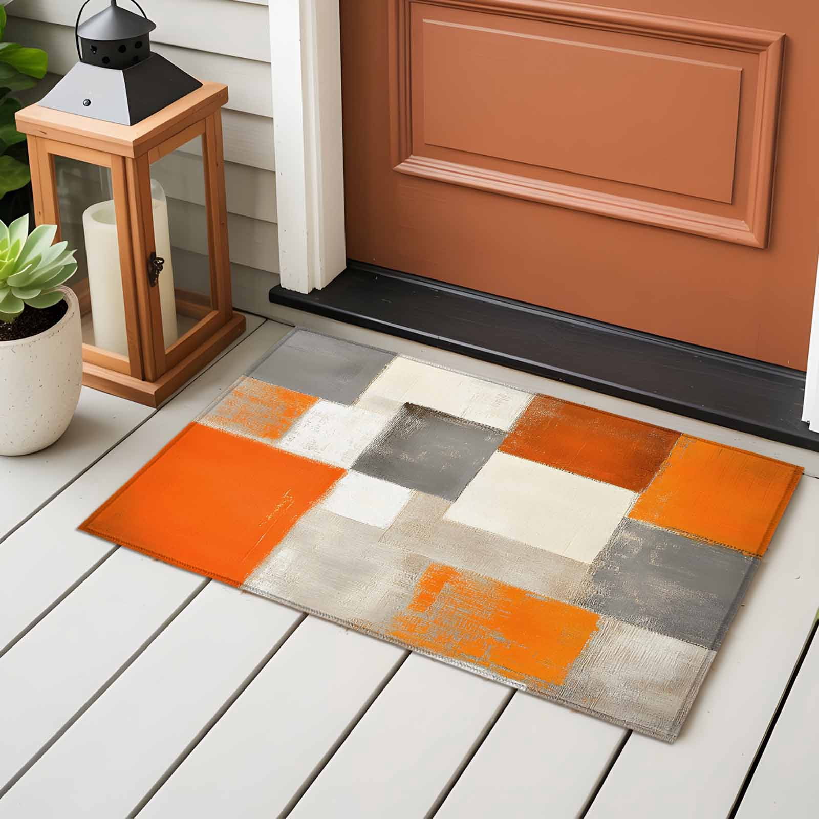 Burnt Orange Bathroom Mat 2x3 FT, Non Slip Small Kitchen Mat, Grey Modern Abstract Art Oil Painting Geometric Washable Soft Backed Front Door Throw Rug Indoor Outdoor Doormat for Entryway Sink
