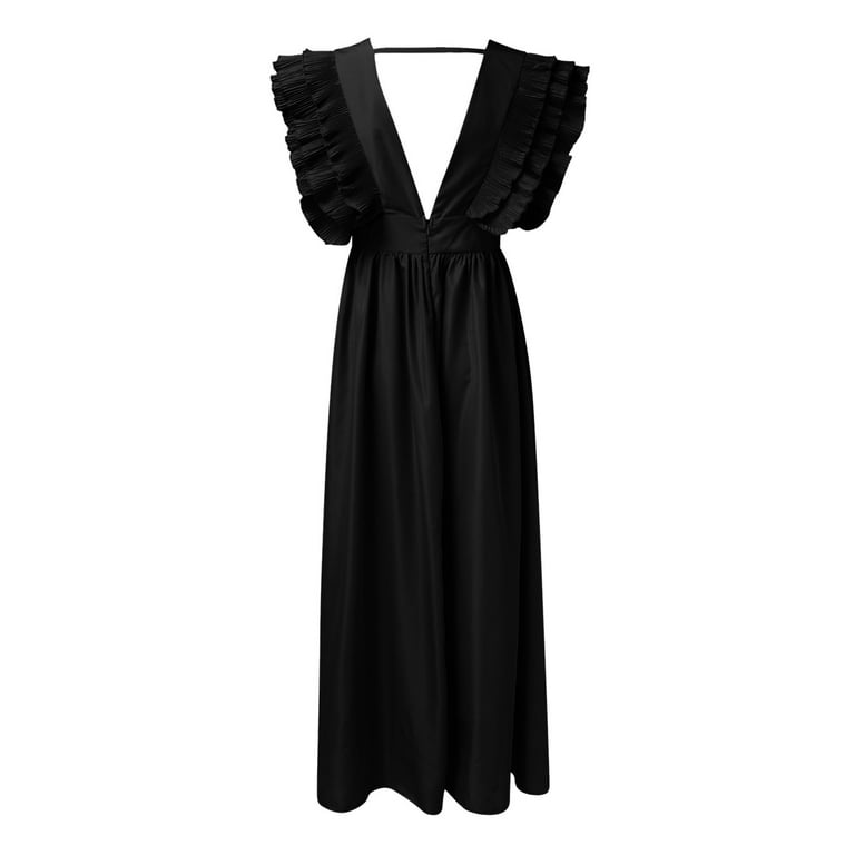 Summer Maxi Dress Wrap V Neck Ruffle Sleeve Tiered Midi Tie Waist A Line  Long Gowns Black XXL - Walmart.com