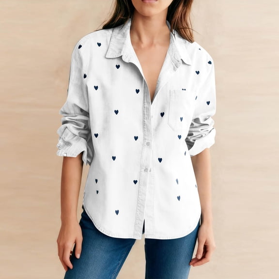 Roncen Women's Heart Button Up Blouse Dressy Casual Fall Long Sleeve Collared Business Casual Work Shirt Tops