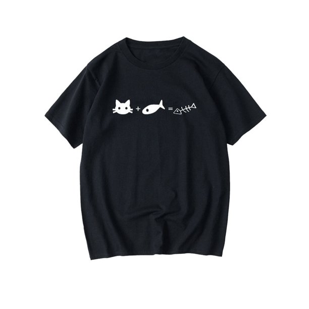 Men's Cat & Fish Humorous Math Equation Graphic T-Shirt - 100% Cotton Casual Short Sleeve Round Neck Tee for Pet Lovers, Summer Comfort Fit, Cat T Shirt, Comfortable Fit Shirt