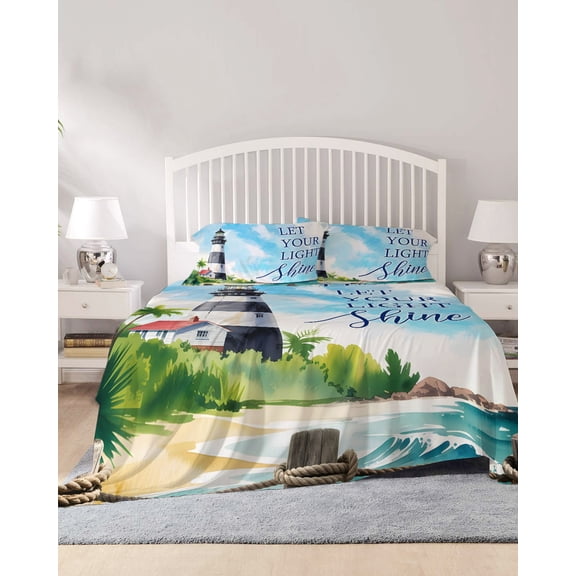 4 Piece Queen Sheet Set Lighthouse Sheets Set for Queen Size Bed, Breathable Soft Microfiber Bed Sheets Cooling Blue Coastal Nautical Ocean Beach Palm Tree Fitted Sheet Deep Pocket, Pillowcases