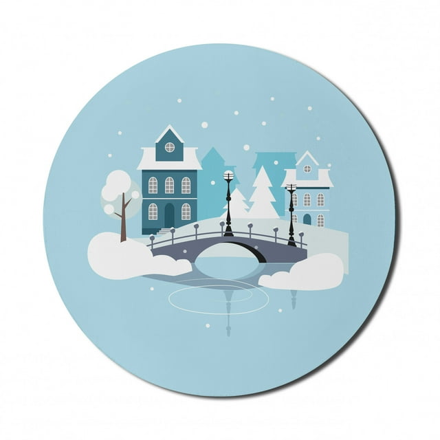 City Mouse Pad for Computers, Winter Season Composition Snow Pattern with Houses and Bridges Architecture, Round Non-Slip Thick Rubber Modern Mousepad, 8" Round, Pale Blue Grey White, by Ambesonne