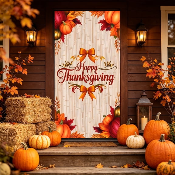 KKOUHV Thanksgiving Decorations, Fall Harvest Door Covers for Front Door Cover, Turkey Pumpkin Fall Door Cover, Indoor Outdoor Party Photo Booth Props
